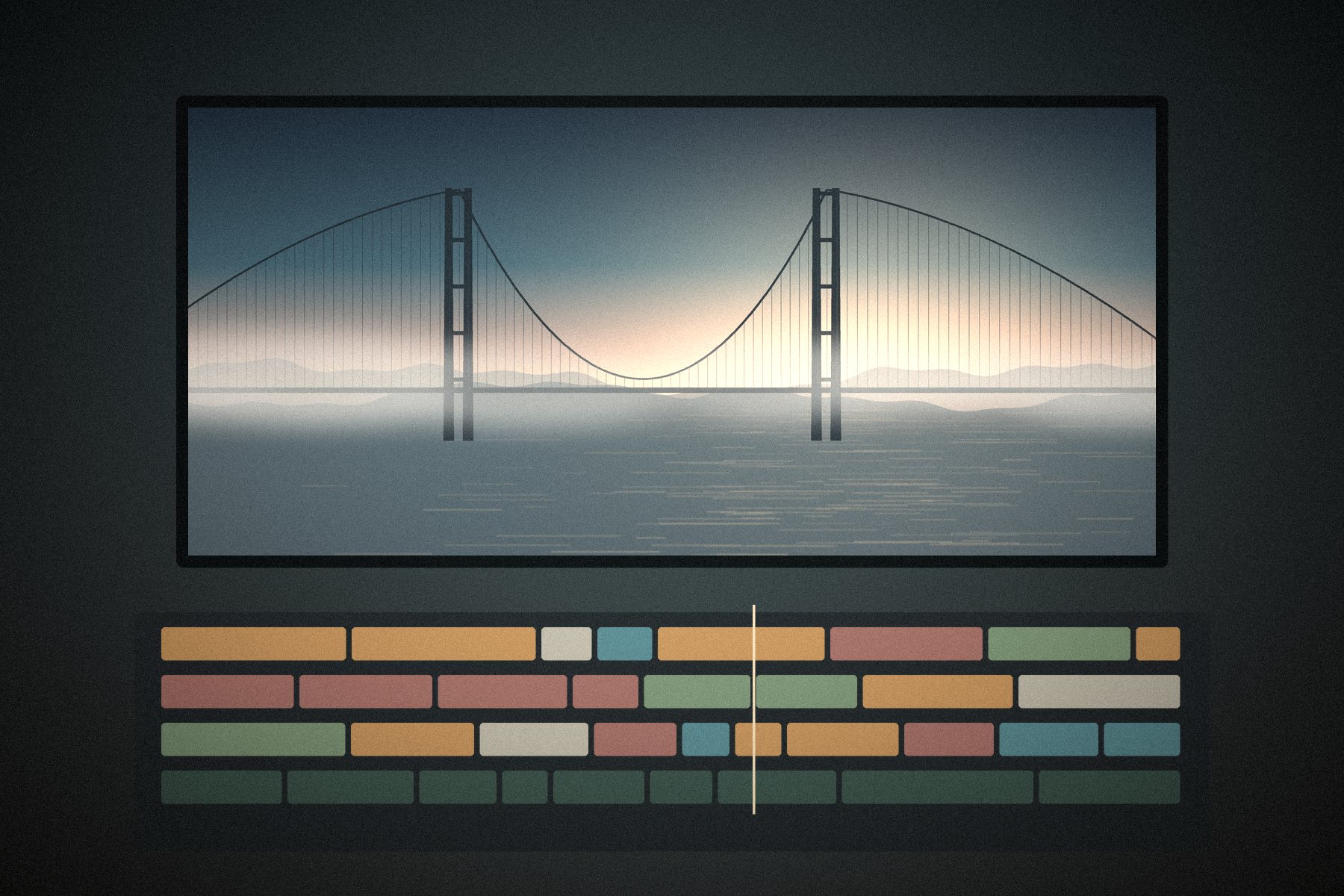 Edit suite with a graded frame on screen and a color-coded timeline