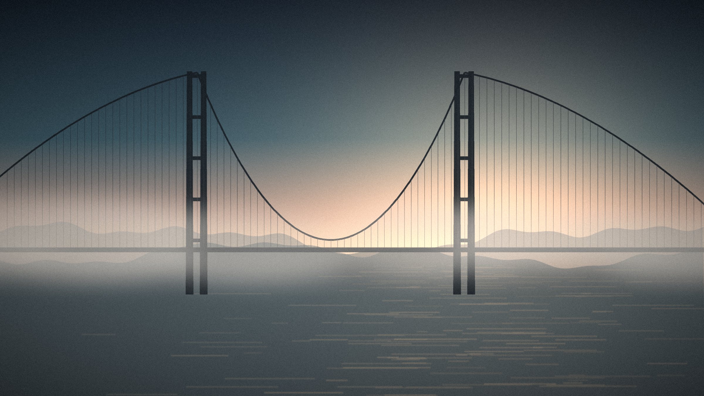 Suspension bridge over the bay at dusk, wrapped in low fog