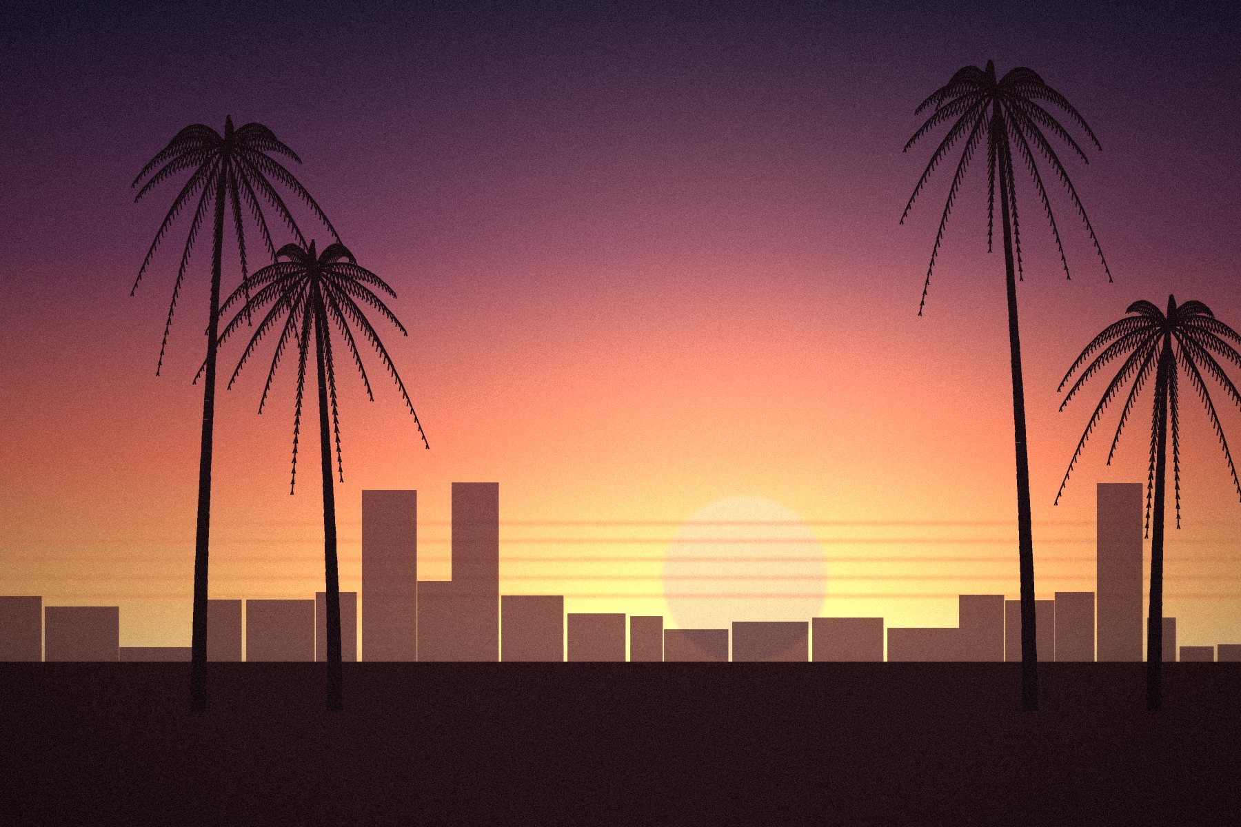 Palms and city skyline at sunset in Los Angeles